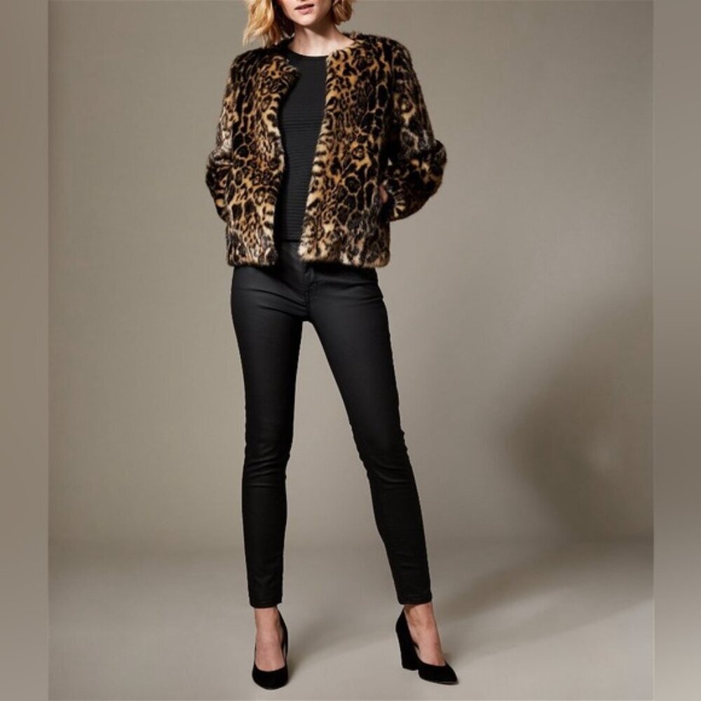 NWT KAREN MILLEN Super-Soft Faux Fur Leopard Print Lined Jacket w Pockets Sz 6 - Picture 3 of 16